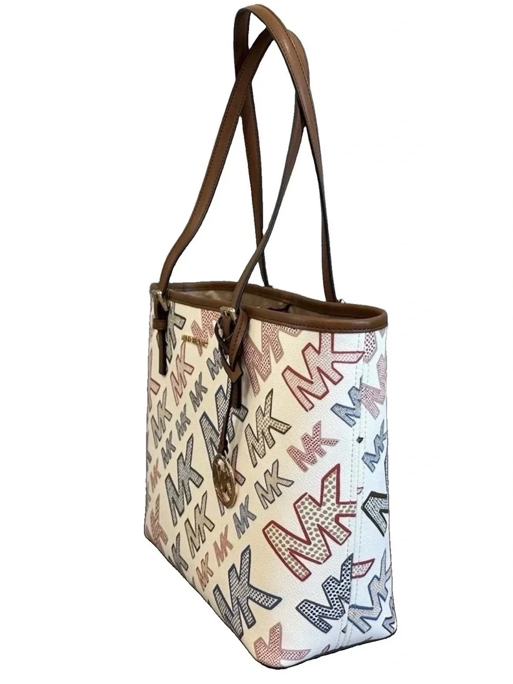 Michael Kors White Multi MK Logo Tote with Brown Trim